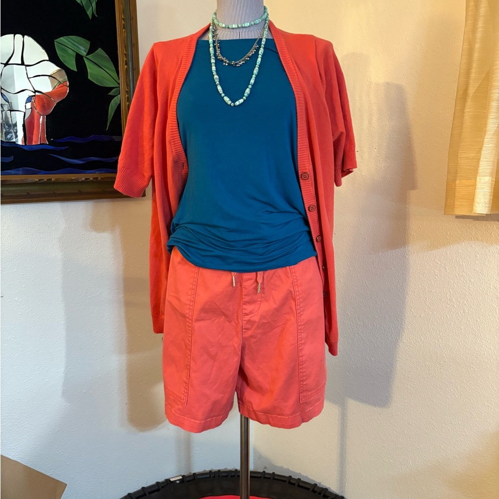 Vibrant Coral Short Sleeved Cardi, Cotton Shorts & Teal Cotton T Set!